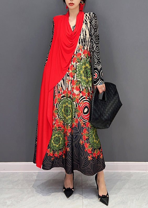 Boho Red V Neck Print Patchwork Cotton Long Dresses Fall