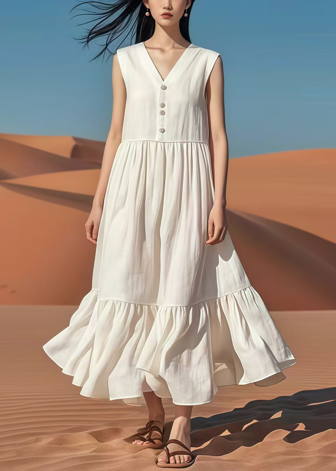 Boho White Silm Fit Cotton Party Dress Sleeveless