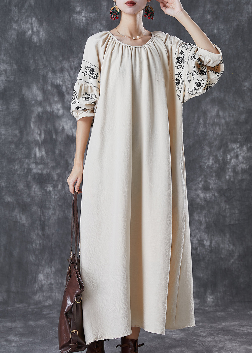 Boutique Beige O-Neck Oversized Cotton Maxi Dresses Puff Sleeve