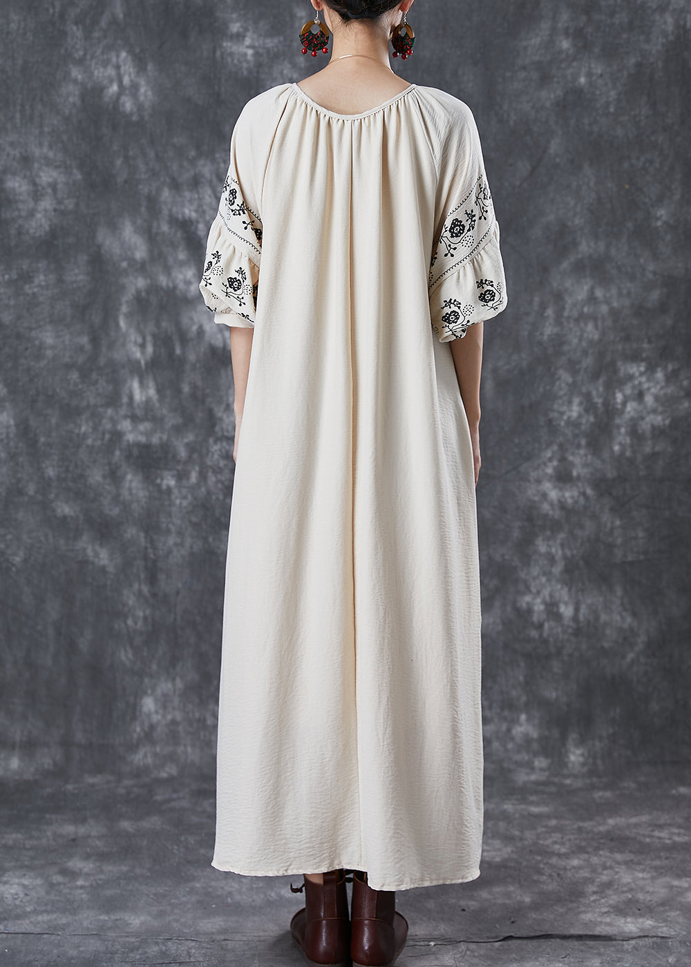 Boutique Beige O-Neck Oversized Cotton Maxi Dresses Puff Sleeve