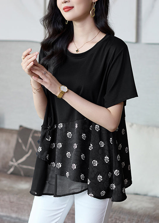 Boutique Black O Neck Print Patchwork Cotton Top Summer