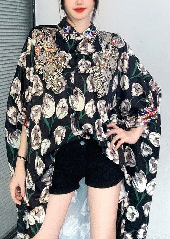 Boutique Black Peter Pan Collar Print Zircon Chiffon Shirts Tops Summer