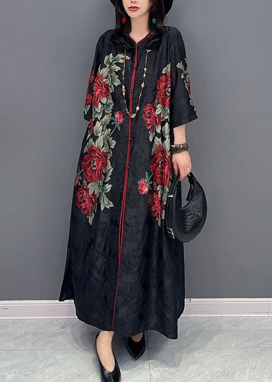 Boutique Black V Neck Print Button Patchwork Silk Long Dress Summer