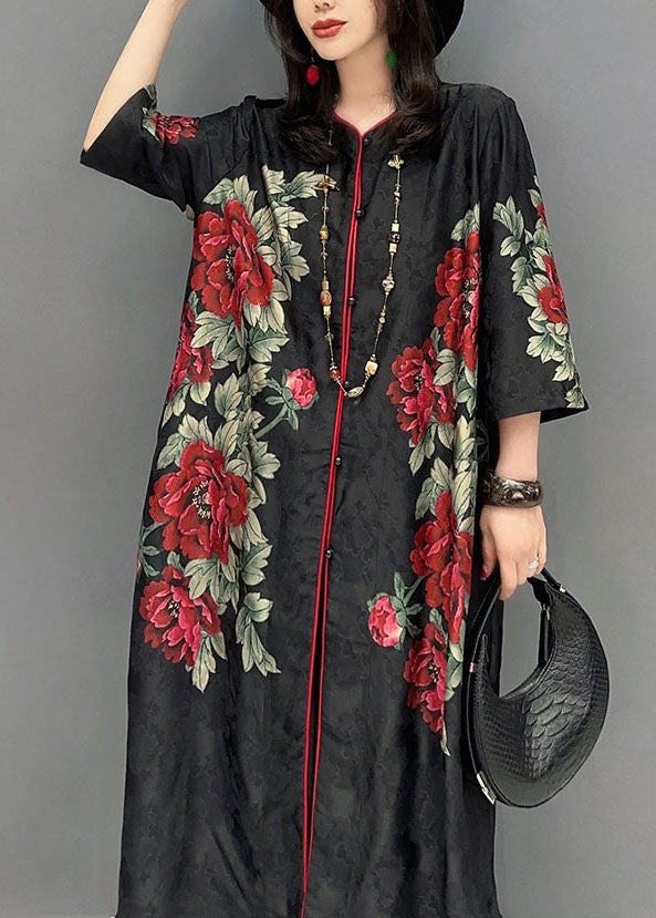 Boutique Black V Neck Print Button Patchwork Silk Long Dress Summer