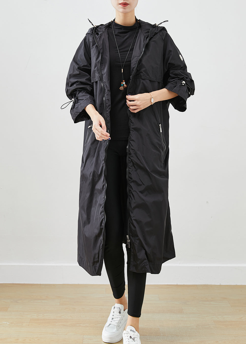 Boutique Black Zip Up Drawstring Spandex Coats Fall