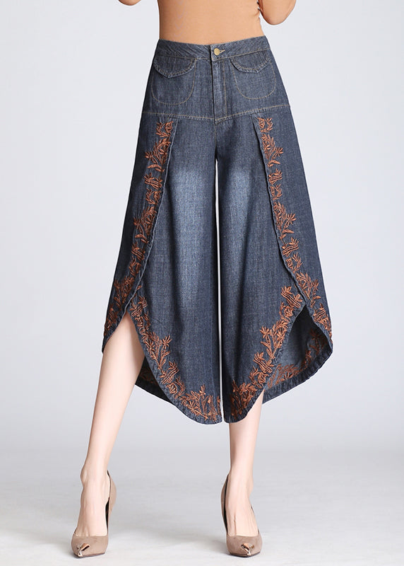 Boutique Blue Embroidered Pockets Cotton Crop Pants Skirt Summer