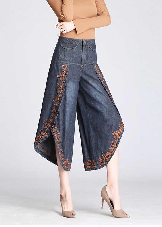 Boutique Blue Embroidered Pockets Cotton Crop Pants Skirt Summer