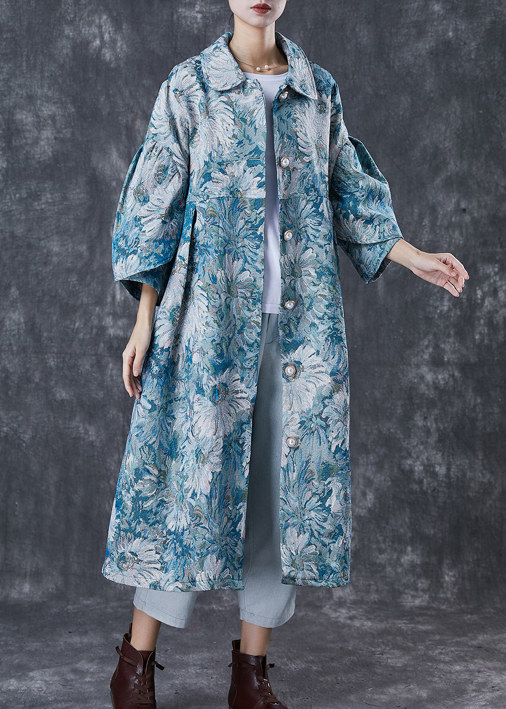 Boutique Blue Oversized Daisy Print Cotton Trench Coats Spring