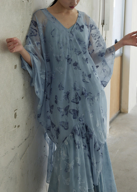 Boutique Blue V Neck Butterfly Tulle Long Smock Fall