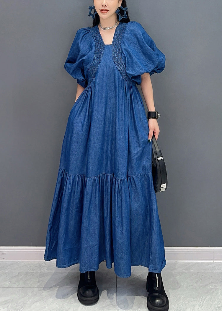 Boutique Blue V Neck Puff Sleeve Patchwork Denim Long Dress