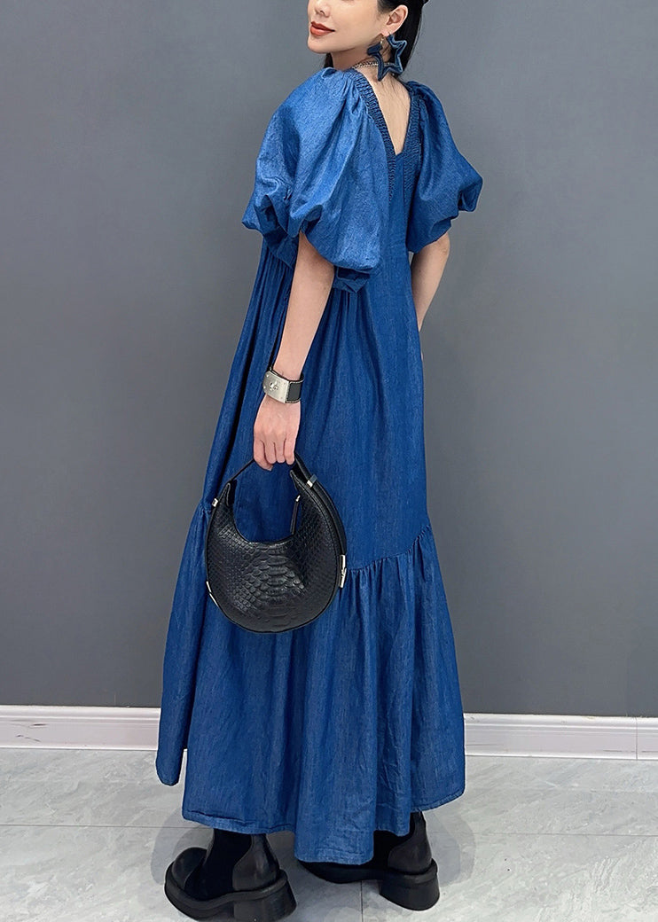 Boutique Blue V Neck Puff Sleeve Patchwork Denim Long Dress