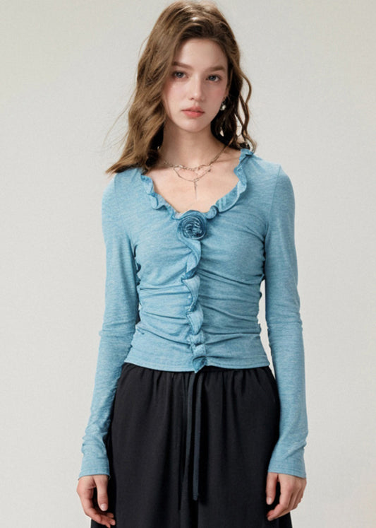 Boutique Blue V Neck Ruffled Cotton T Shirts Top Fall