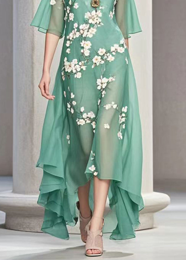 Boutique Green Asymmetrical Print Chiffon Maxi Dress Summer