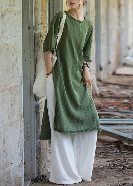 Boutique Green O Neck Side Open Linen T Shirts Dresses Summer