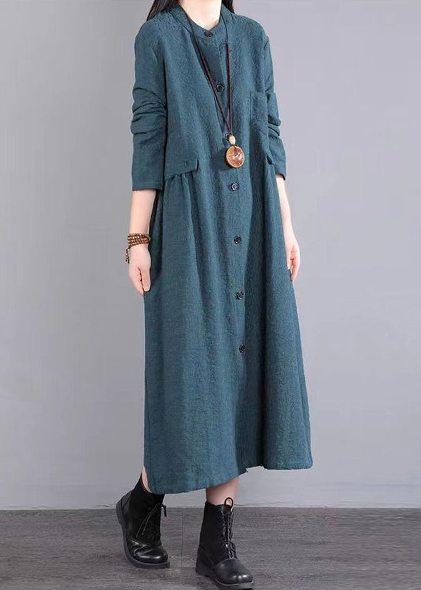 Boutique Green Stand Collar Button Patchwork Cotton Dress Fall