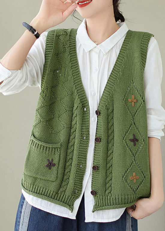 Boutique Green V Neck Embroidered Knit Vest Fall