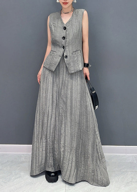 Boutique Grey V Neck Waistcoat And Skirts Two Pieces Set Sleeveless