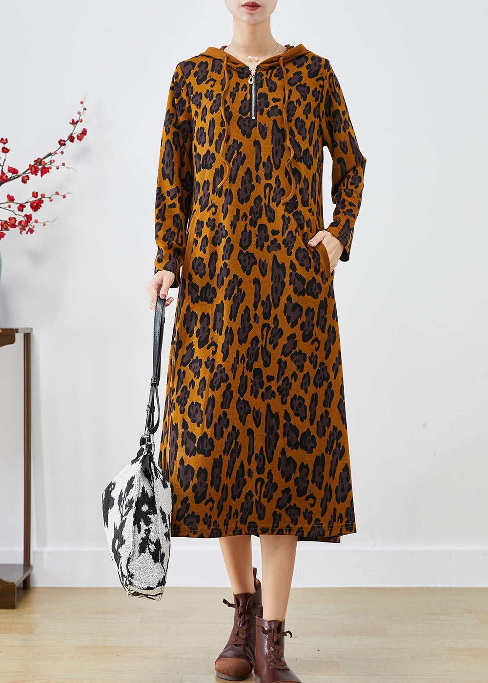 Boutique Hooded Leopard Print Cotton Maxi Dress Fall