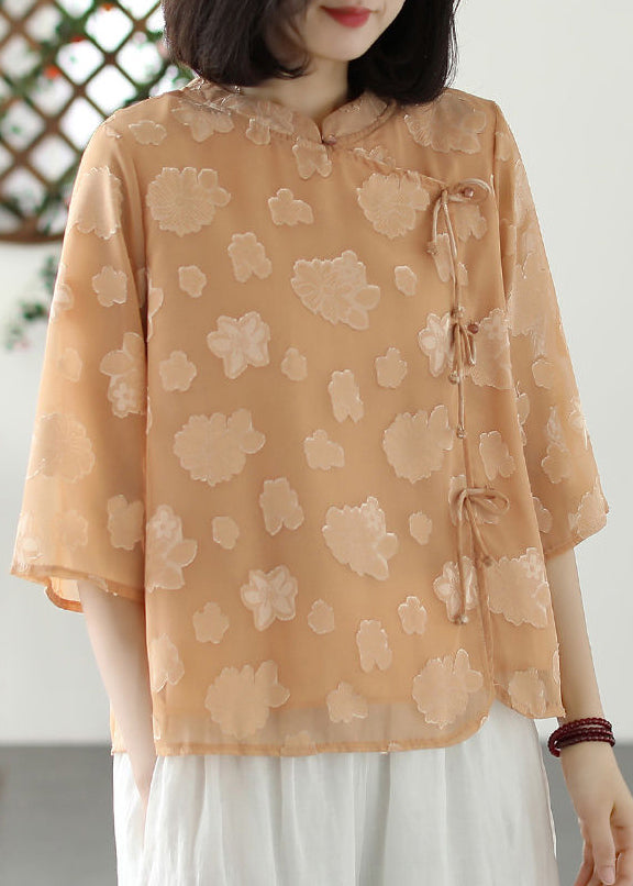 Boutique Khaki Stand Collar Jacquard Tulle Shirt Summer