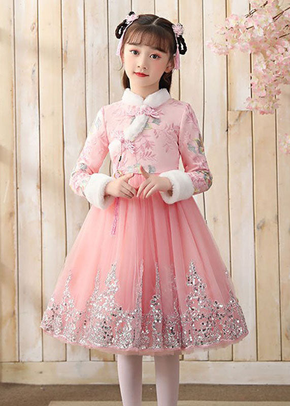 Boutique Pink Fur Collar Tulle Patchwork Warm Fleece Girls Maxi Dresses Winter