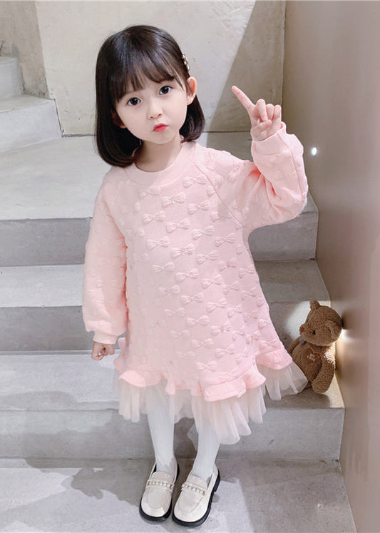 Boutique Pink O Neck Ruffled Tulle Patchwork Cotton Baby Girls Dress Fall