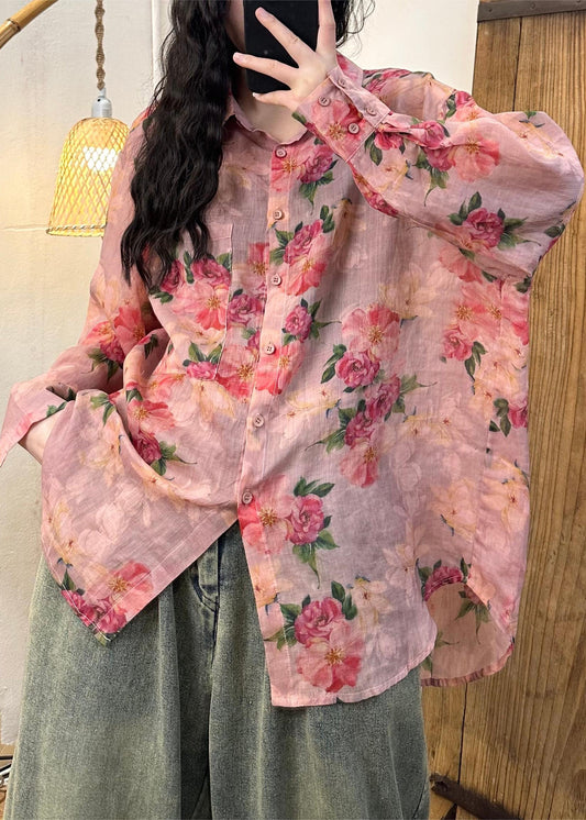 Boutique Pink Peter Pan Collar Print Linen Shirt Fall