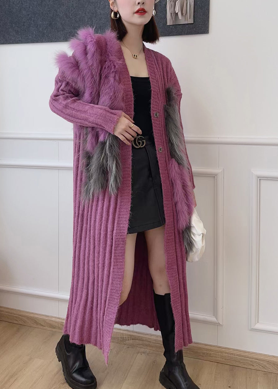 Boutique Purple Fox Fur Patchwork Knit Cardigans Fall