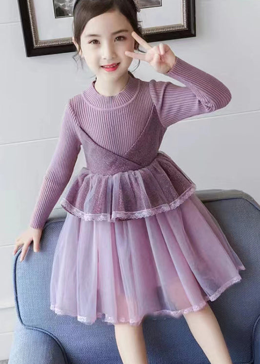 Boutique Purple O Neck Tulle Patchwork Knit Baby Girls Dress Fall