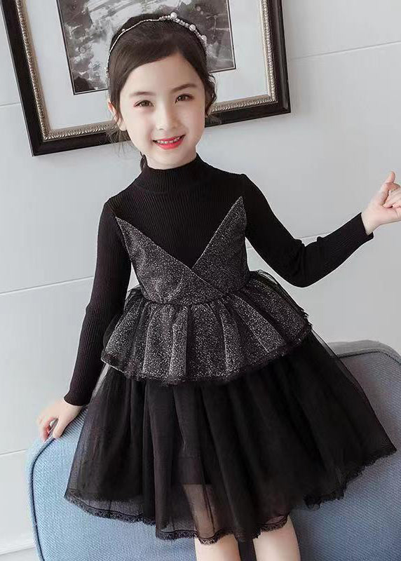 Boutique Purple O Neck Tulle Patchwork Knit Baby Girls Dress Fall