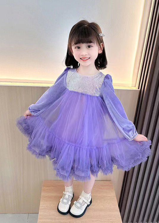 Boutique Purple Sequins Ruffled Patchwork Tulle Kids Girls Robe Dresses Fall