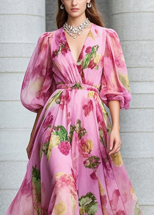 Boutique Rose Print Exra Large Hem Chiffon Maxi Dresses Fall