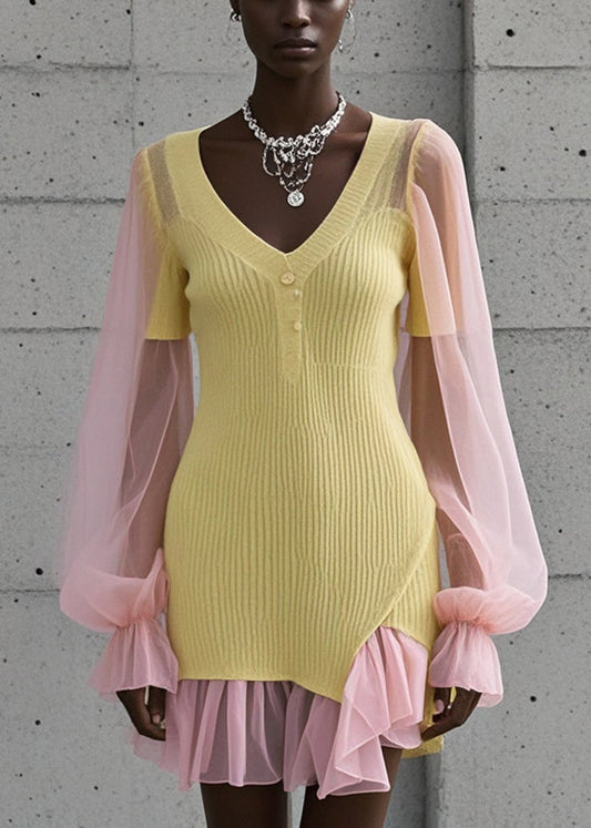 Boutique Yellow V Neck Patchwork Tulle Knit Mini Dress Fall