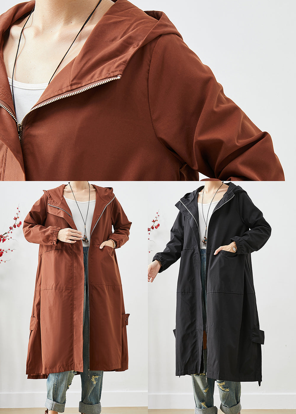 Brown Oversized Spandex Trench Hooded Zippered Fall