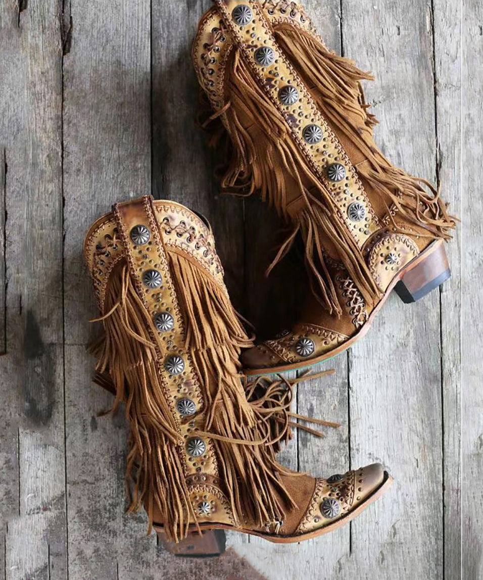 Brown Tassel Embroidery Splicing Chunky Cowboy Boots