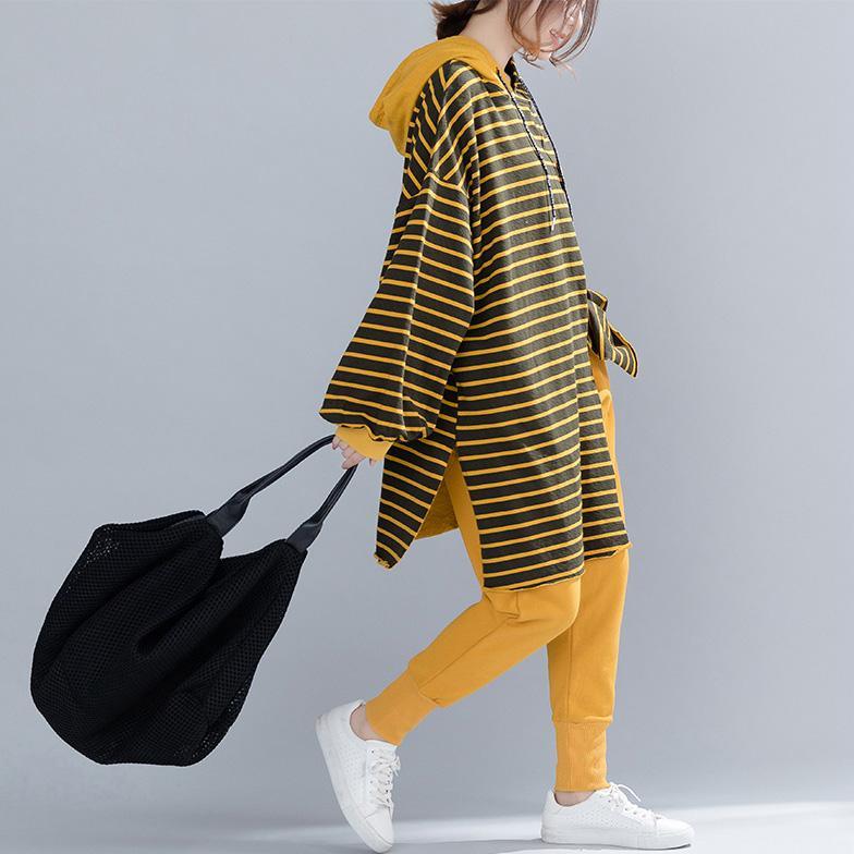 Buy yellow striped cotton tunic top Boho Neckline silhouette spring hooded blouse