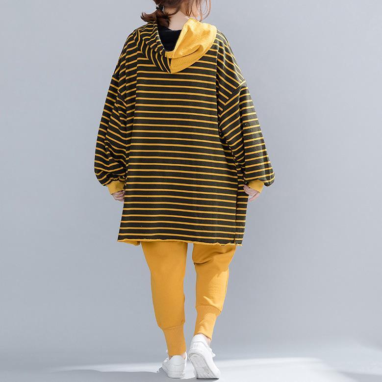 Buy yellow striped cotton tunic top Boho Neckline silhouette spring hooded blouse