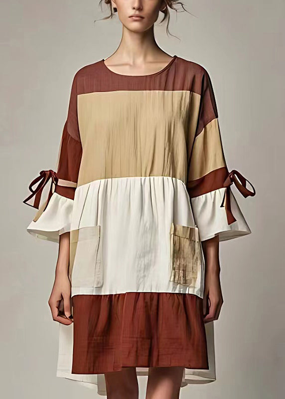 Caramel Patchwork Linen Mid Dress Bow Flare Sleeve