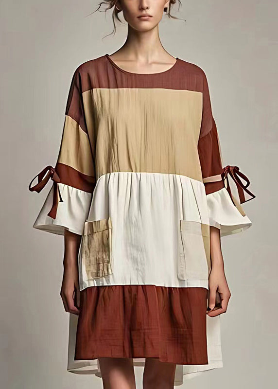 Caramel Patchwork Linen Mid Dress Bow Flare Sleeve