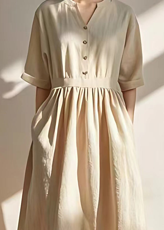 Casual Beige V Neck Pockets Wrinkled Linen Dresses Summer