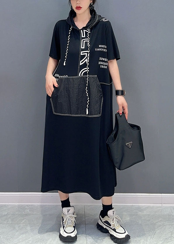 Casual Black Hooded Letter Pockets Patchwork Cotton Dress Summer