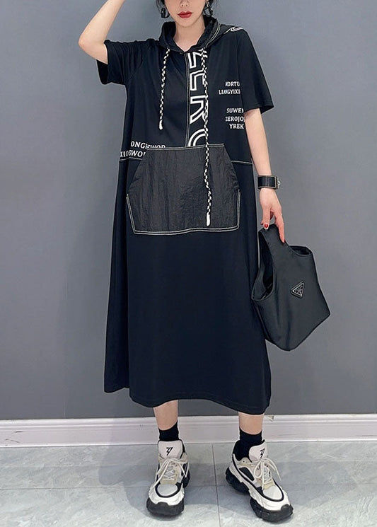 Casual Black Hooded Letter Pockets Patchwork Cotton Dress Summer