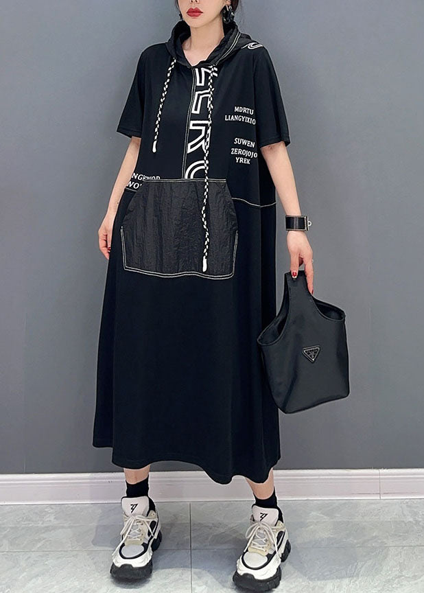 Casual Black Hooded Letter Pockets Patchwork Cotton Dress Summer