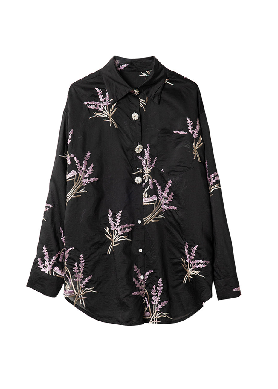 Casual Black Peter Pan Collar Embroidered Silk Shirt Top Long Sleeve