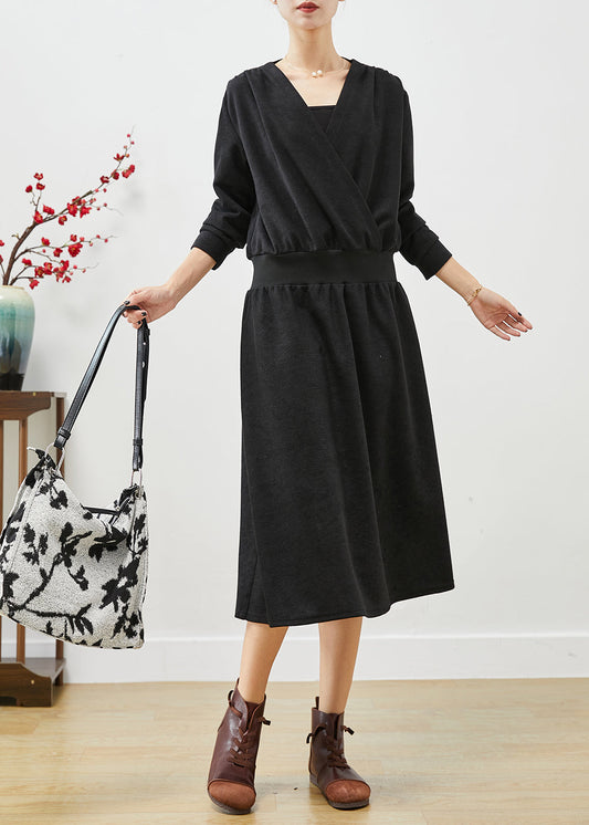 Casual Black V Neck Elastic Waist Cotton Sweatshirts Dress Fall