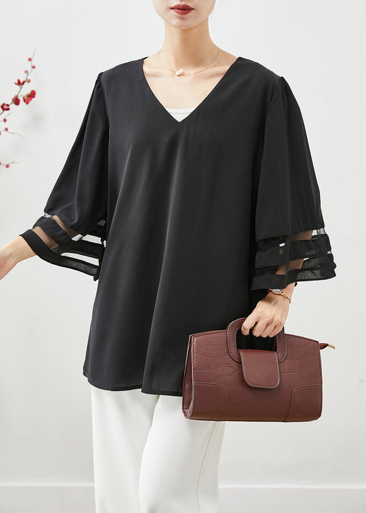 Casual Black V Neck Oversized Chiffon Tops Flare Sleeve