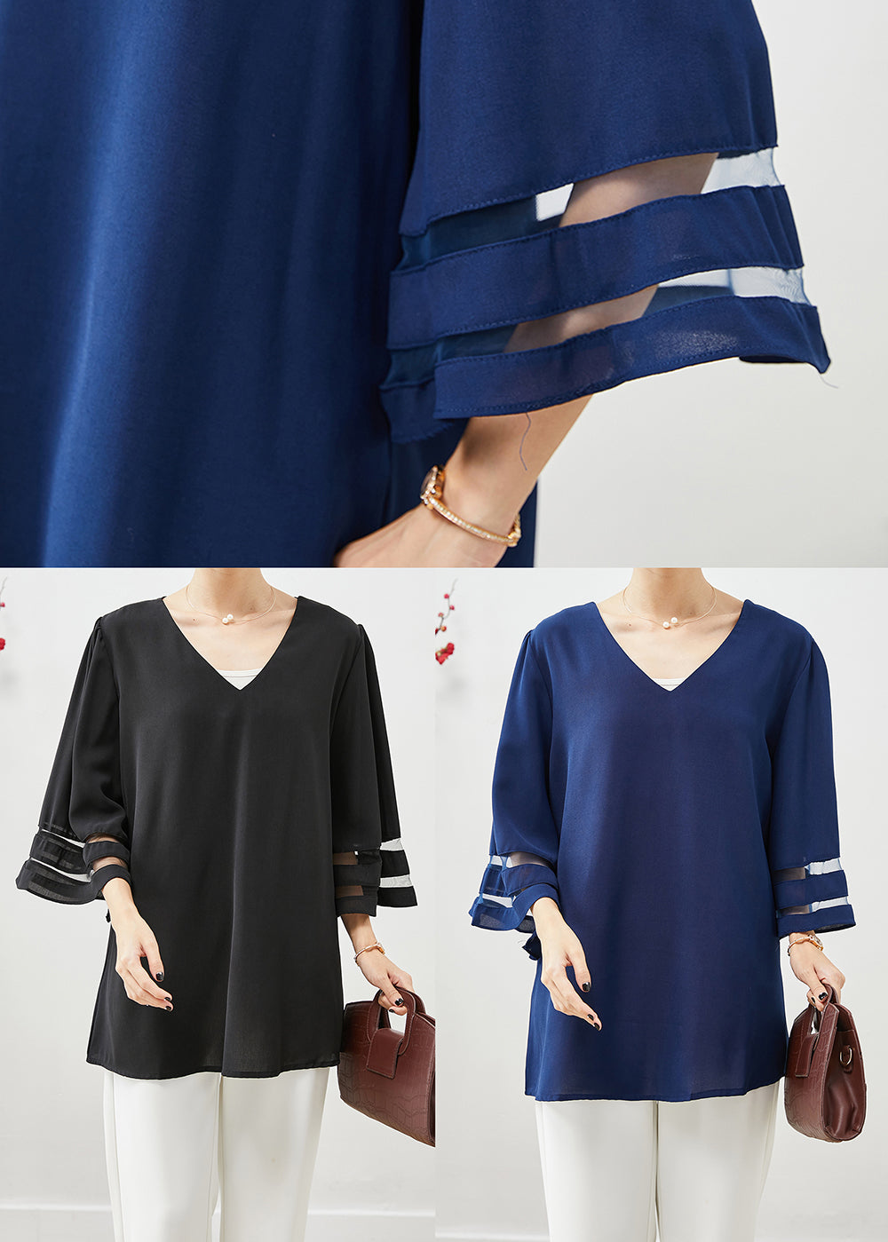 Casual Black V Neck Oversized Chiffon Tops Flare Sleeve