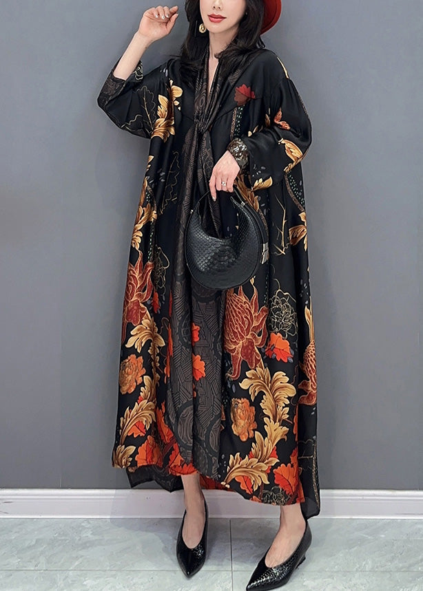 Casual Black V Neck Print Robe Dresses Summer