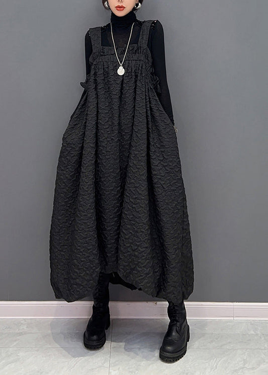 Casual Black Wrinkled Pockets Patchwork Cotton Carpenter Dresses Fall