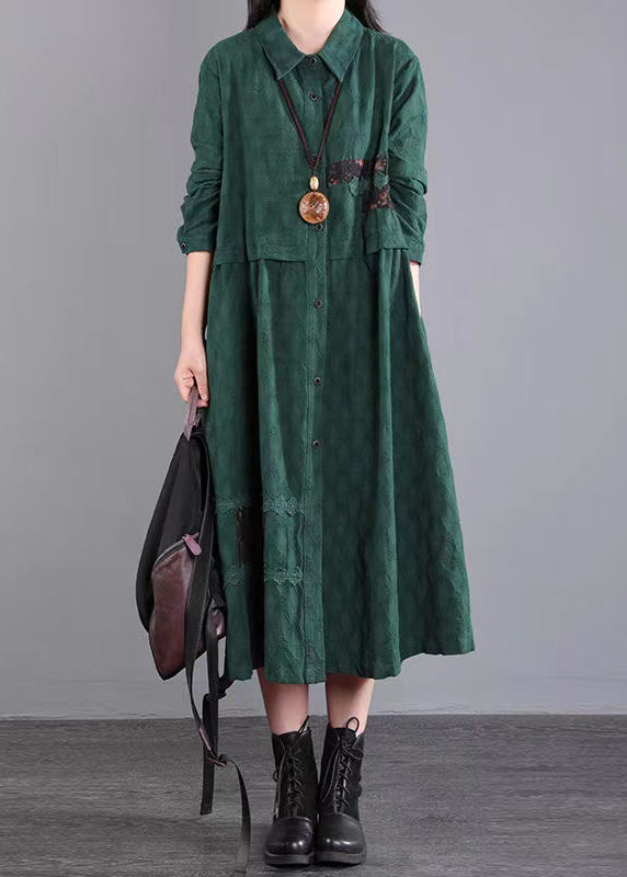 Casual Blackish Green Pockets Patchwork Cotton Shirts Dresses Fall