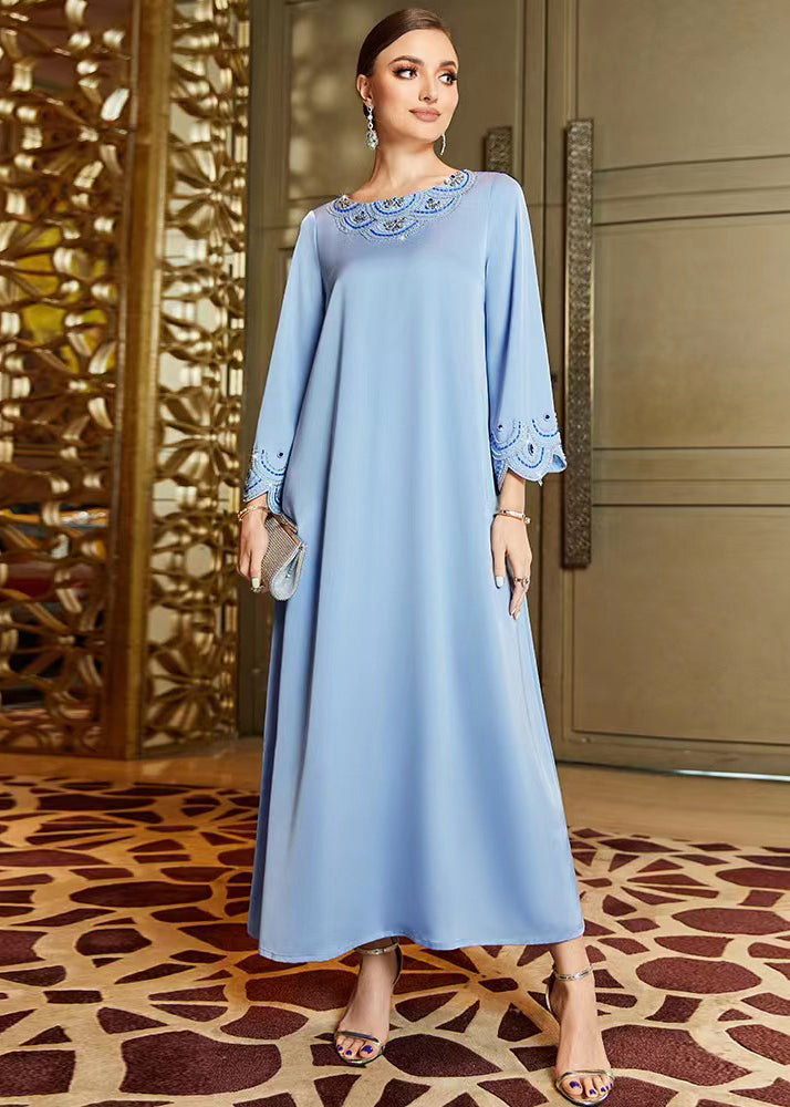 Casual Blue Embroidered Nail Bead Chiffon Vacation Long Dresses Long Sleeve